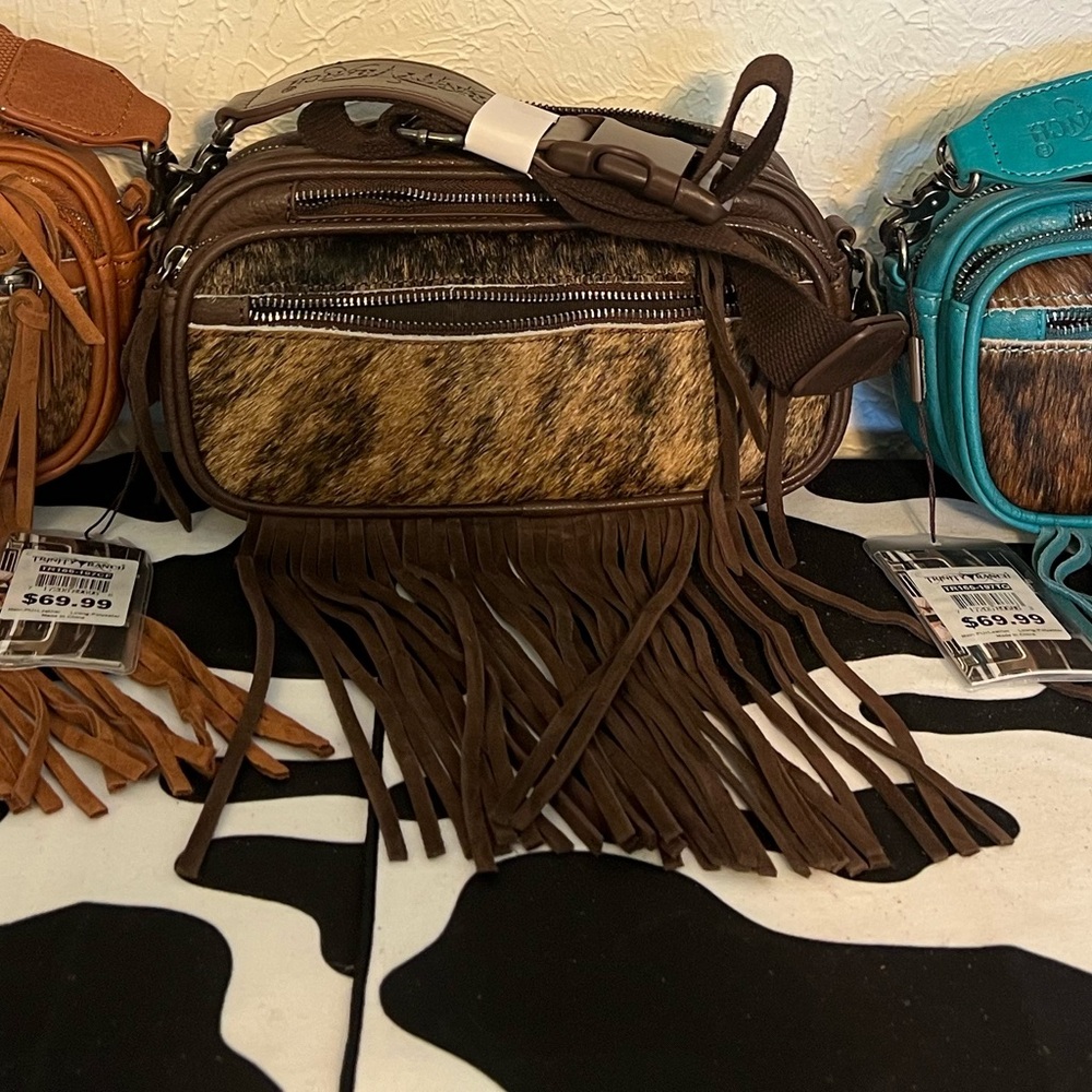 Trinity Crossbody Bags in Brown and Blue with Fringe Accents